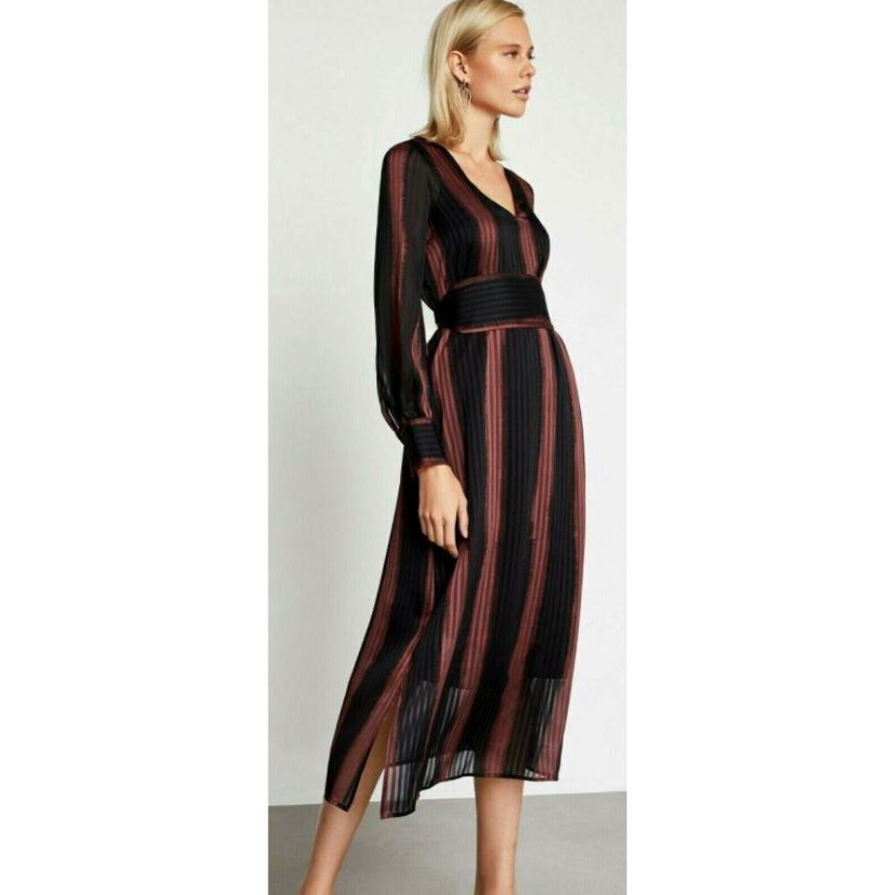 BCBGMAXAZRIA Ombré Stripe Shift Night Out Midi Belted Dress Black Size XXS $398